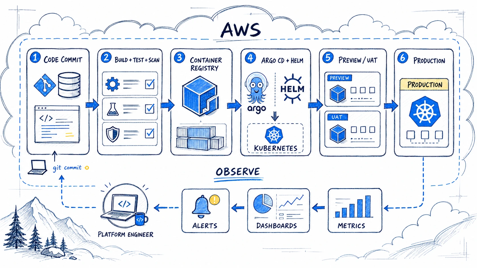 Hand-drawn GitOps delivery loop with Preview and UAT environments before production