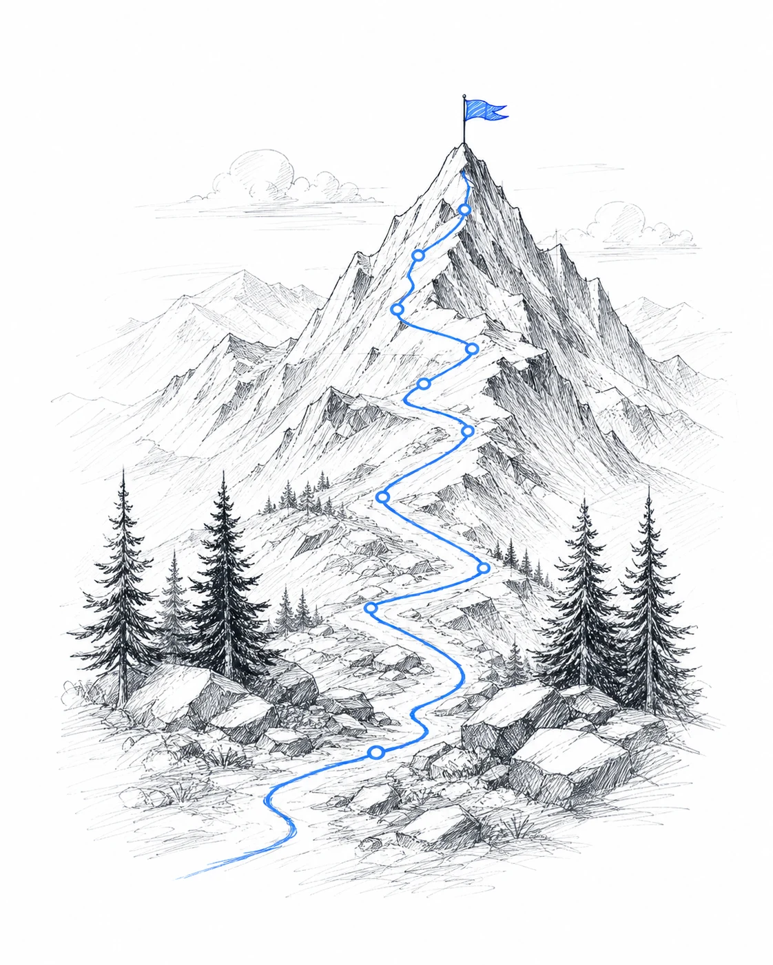 Hand-drawn mountain path with milestones leading to a blue summit flag