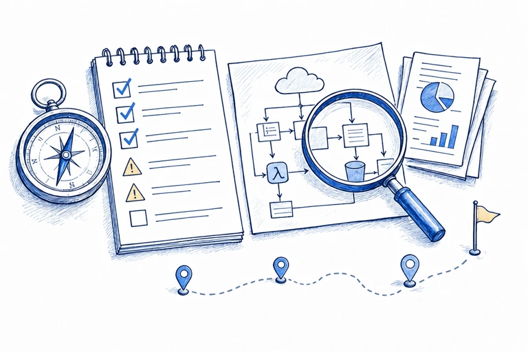 Hand-drawn platform readiness audit with a compass, evidence checklist and architecture review