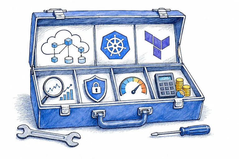 Hand-drawn platform engineering toolbox containing cloud, Kubernetes, Terraform, observability, security and cost controls