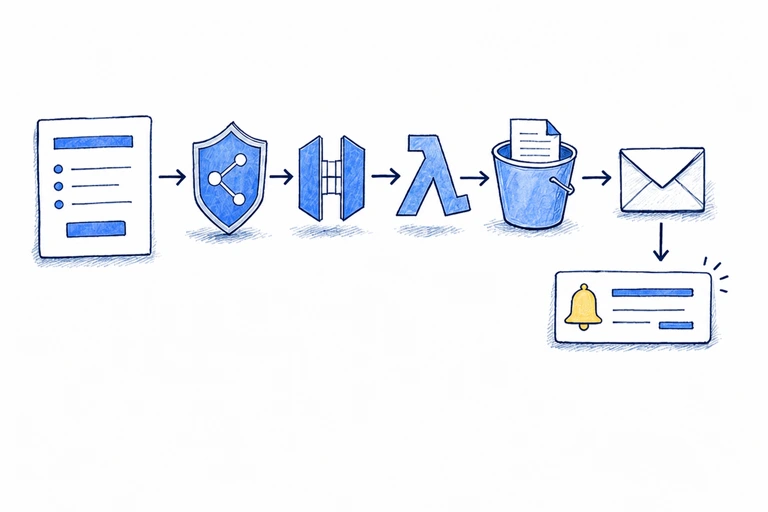 Hand-drawn serverless contact workflow with edge protection, API, Lambda, private storage, email and alerts
