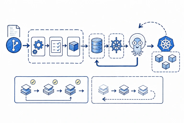 Hand-drawn GitOps and AI delivery workflow from evidence and pull request to review, deployment, and verification