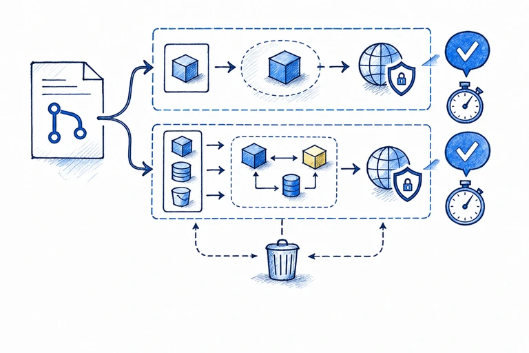 Hand-drawn pull-request workflow for isolated preview and coordinated UAT environments with automatic cleanup
