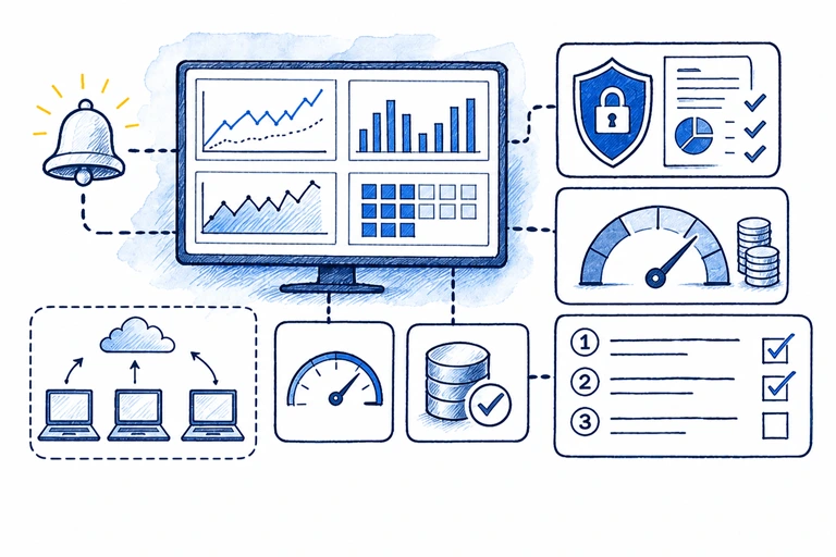 Hand-drawn reliability workspace with observability, security review, load testing, backups, and cost controls